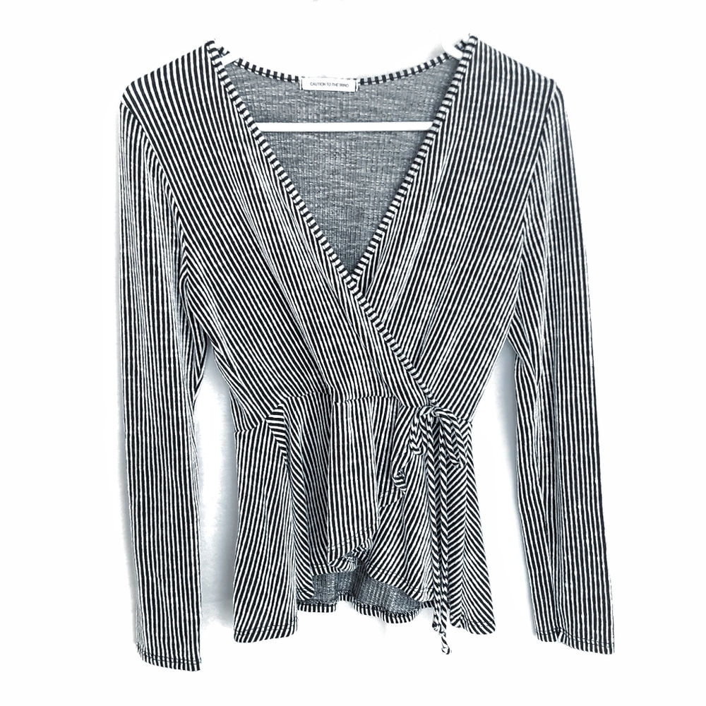 CAUTION TO THE WIND Seersucker Ribbed Long Sleeve Faux Wrap Frilled Hem Blouse
